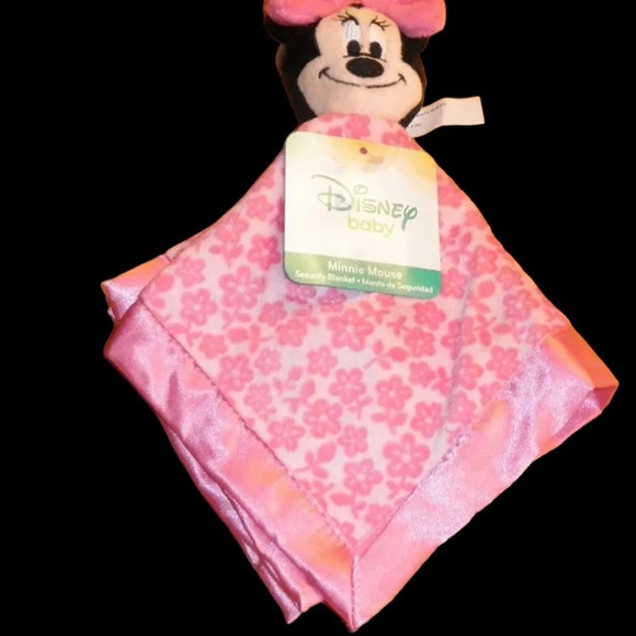 DISNEY Baby Girl Pink Minnie Mouse Security Blanket Lovey Rattle Satin Flowers - Picture 3 of 3